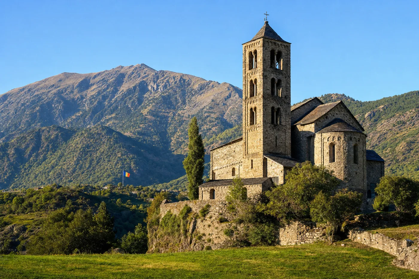 Andorra – famous landmark with the national flag