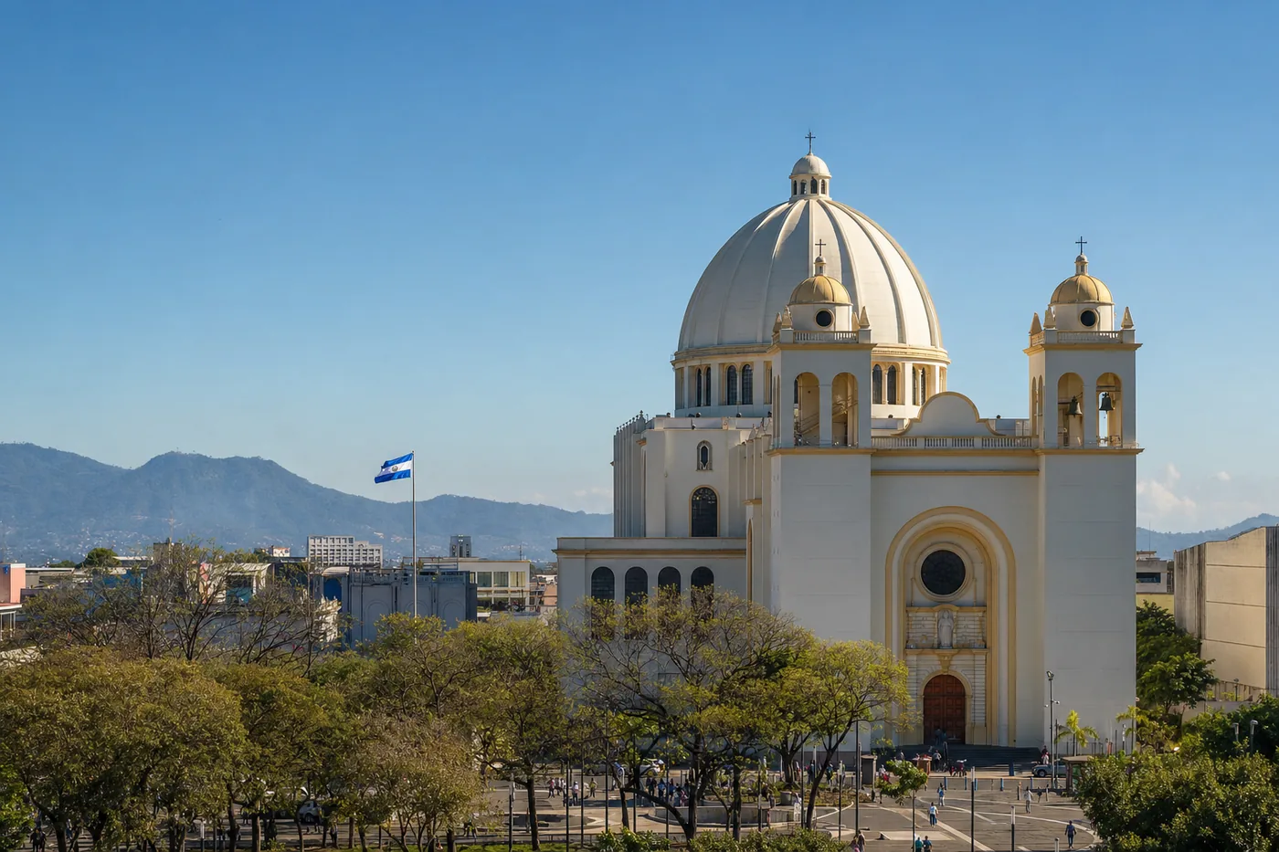 El Salvador – famous landmark with the national flag