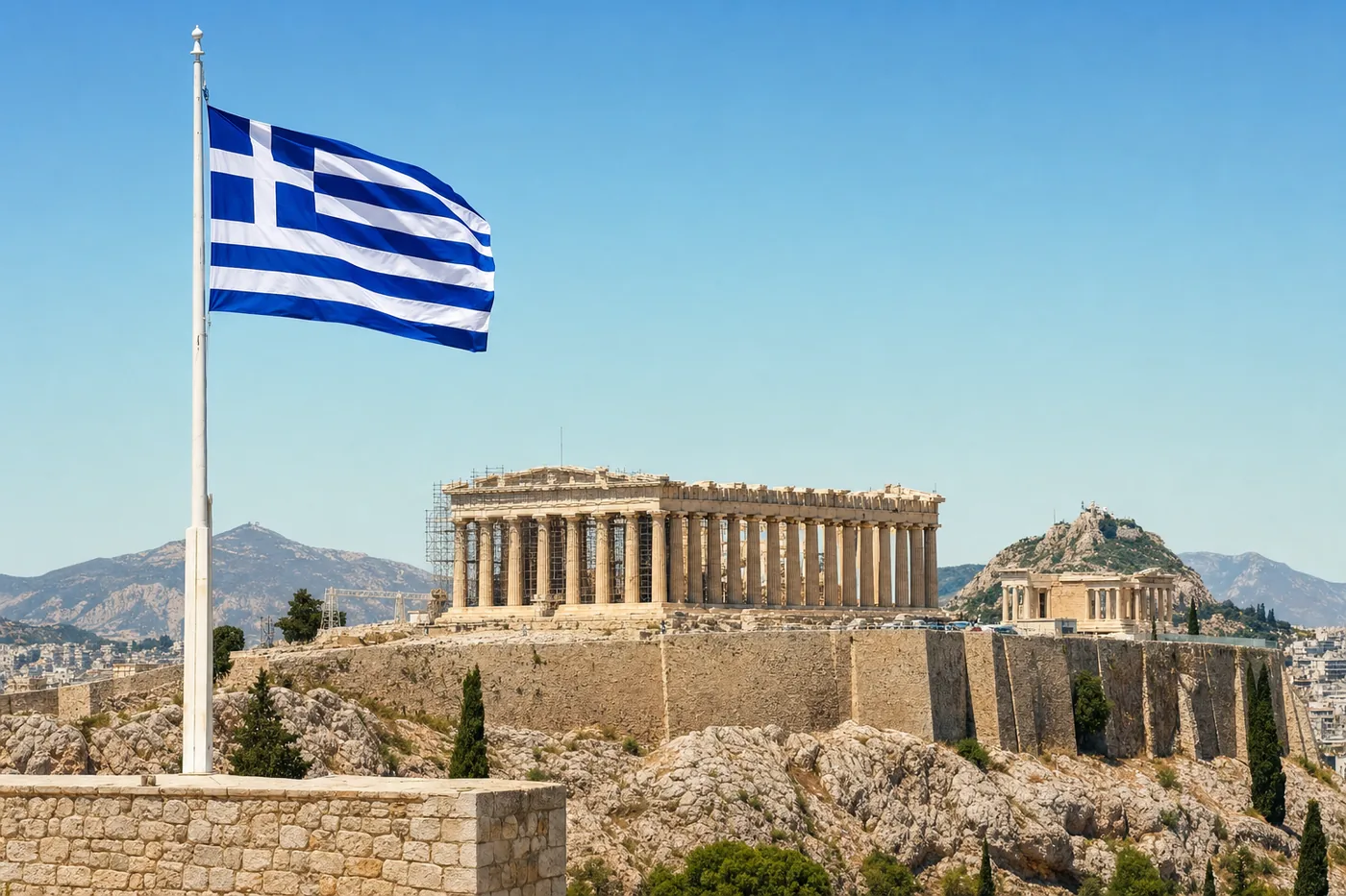 Greece – famous landmark with the national flag