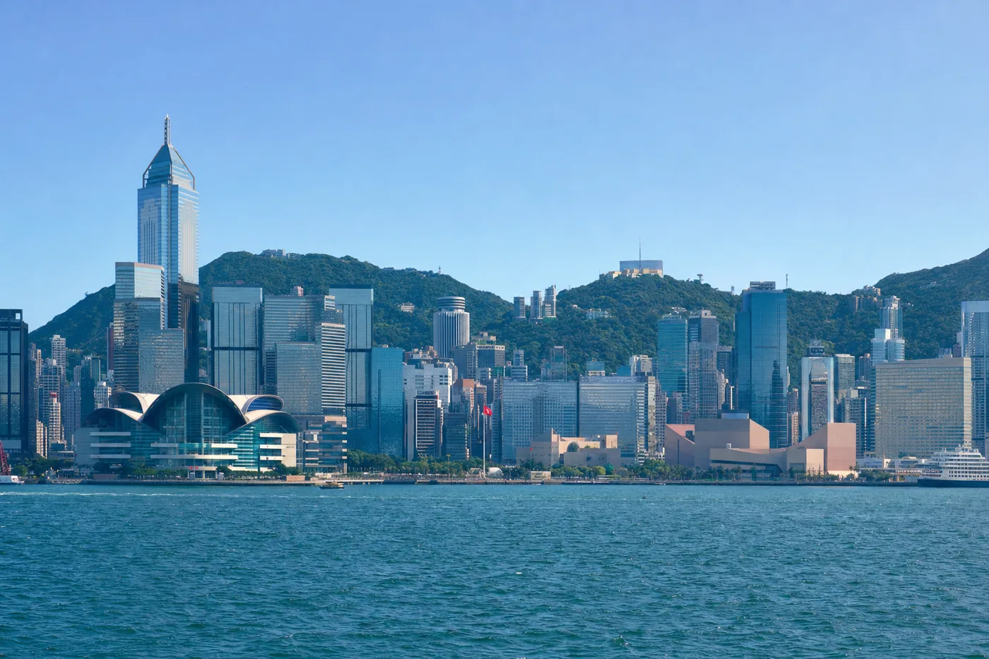 Hong Kong SAR China – famous landmark with the national flag