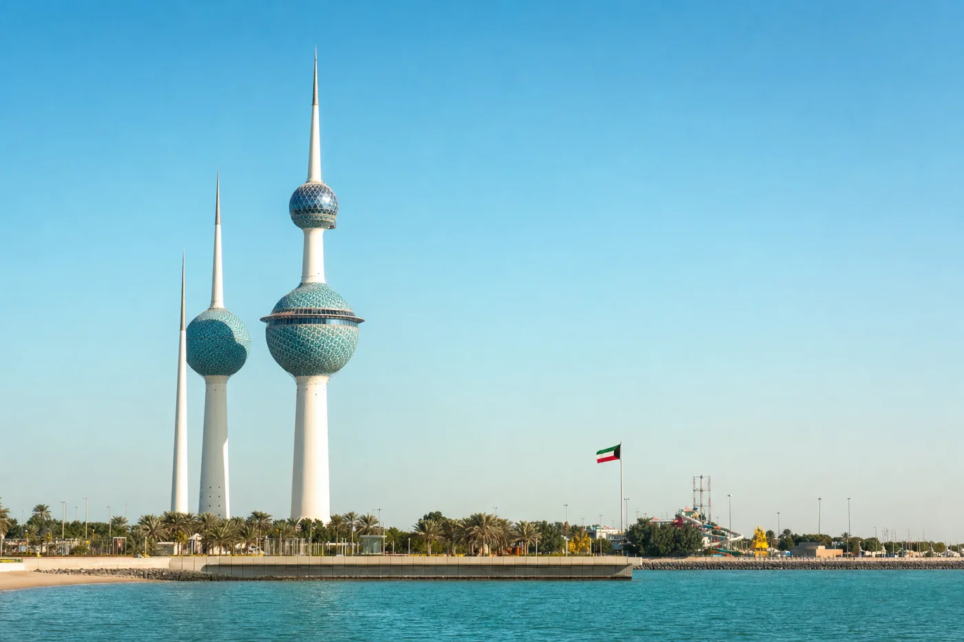 Kuwait – famous landmark with the national flag