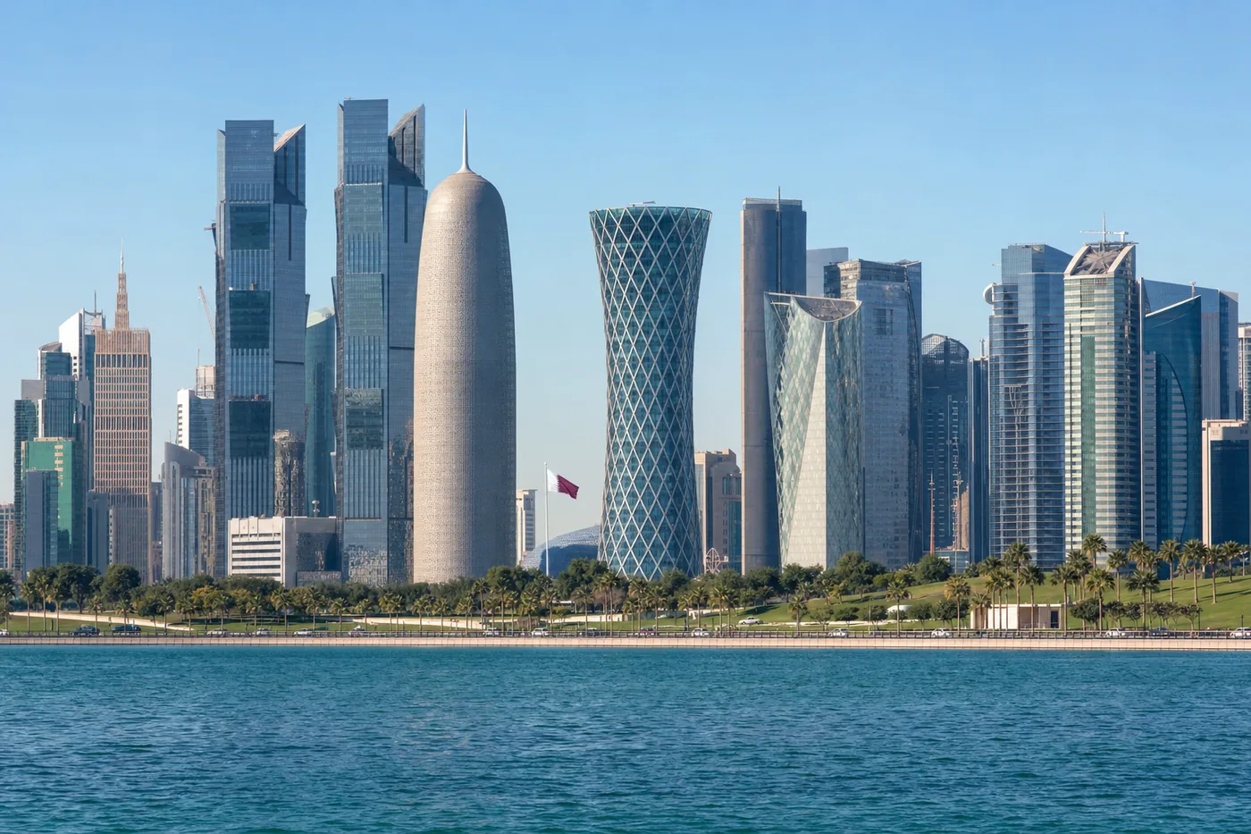 Qatar – famous landmark with the national flag