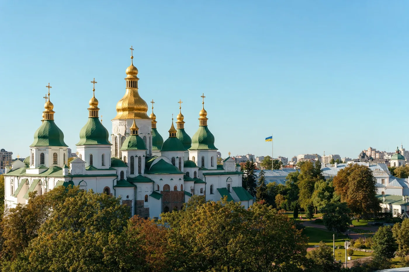 Ukraine – famous landmark with the national flag