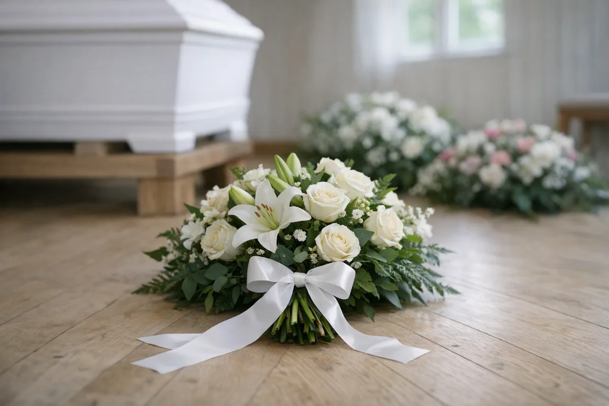 Hand-tied funeral sheaf with a white ribbon by the coffin