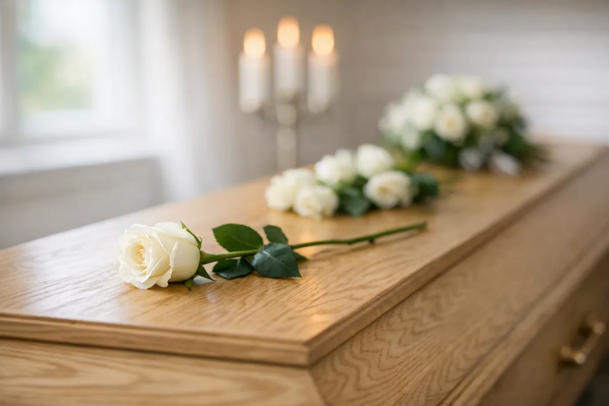 A single white rose laid on the coffin lid at the farewell